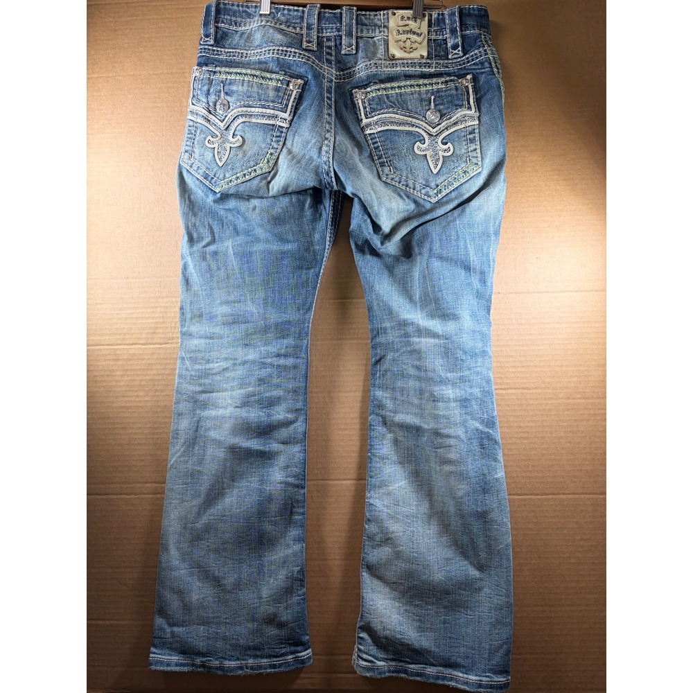 Rock Revival James Slim Boot Mens Jeans Size 35 Blue Distressed Thick Stitching